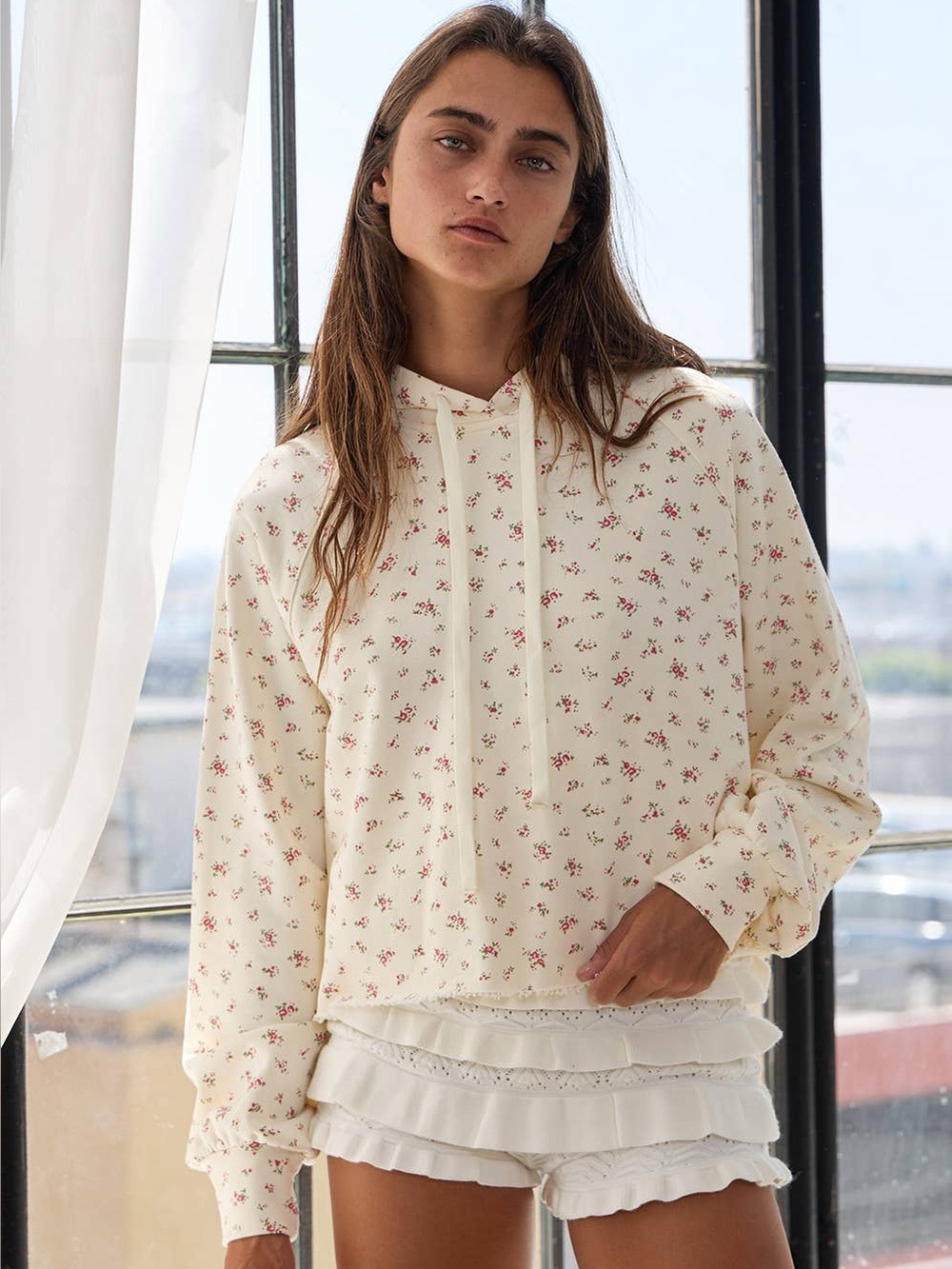 BUCKETLIST Cream Hoodie with Pink Floral Print